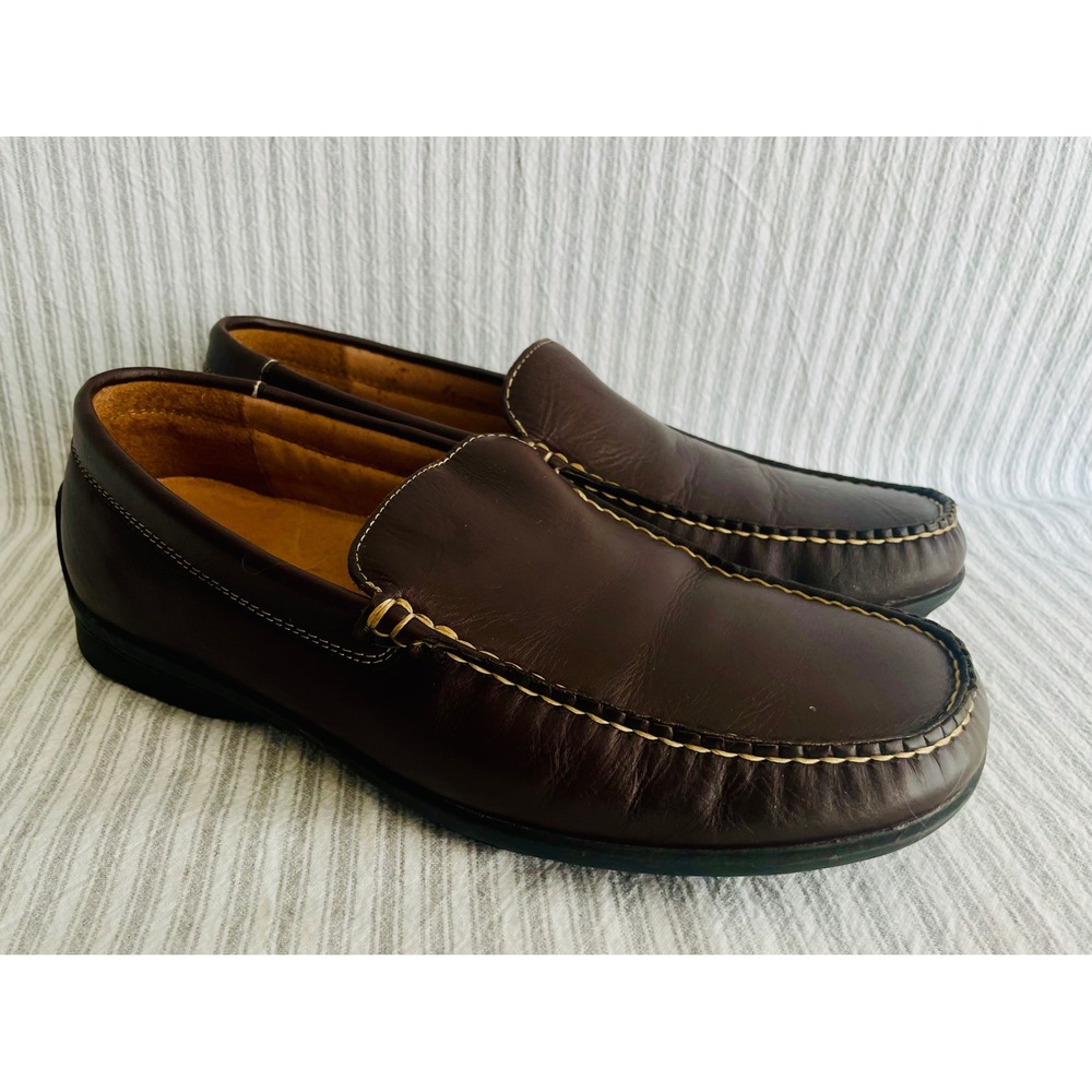 Denver Hayes Mens Brown Leather Moc Toe Slip On Loafers Shoes Size 10.5W Comfort